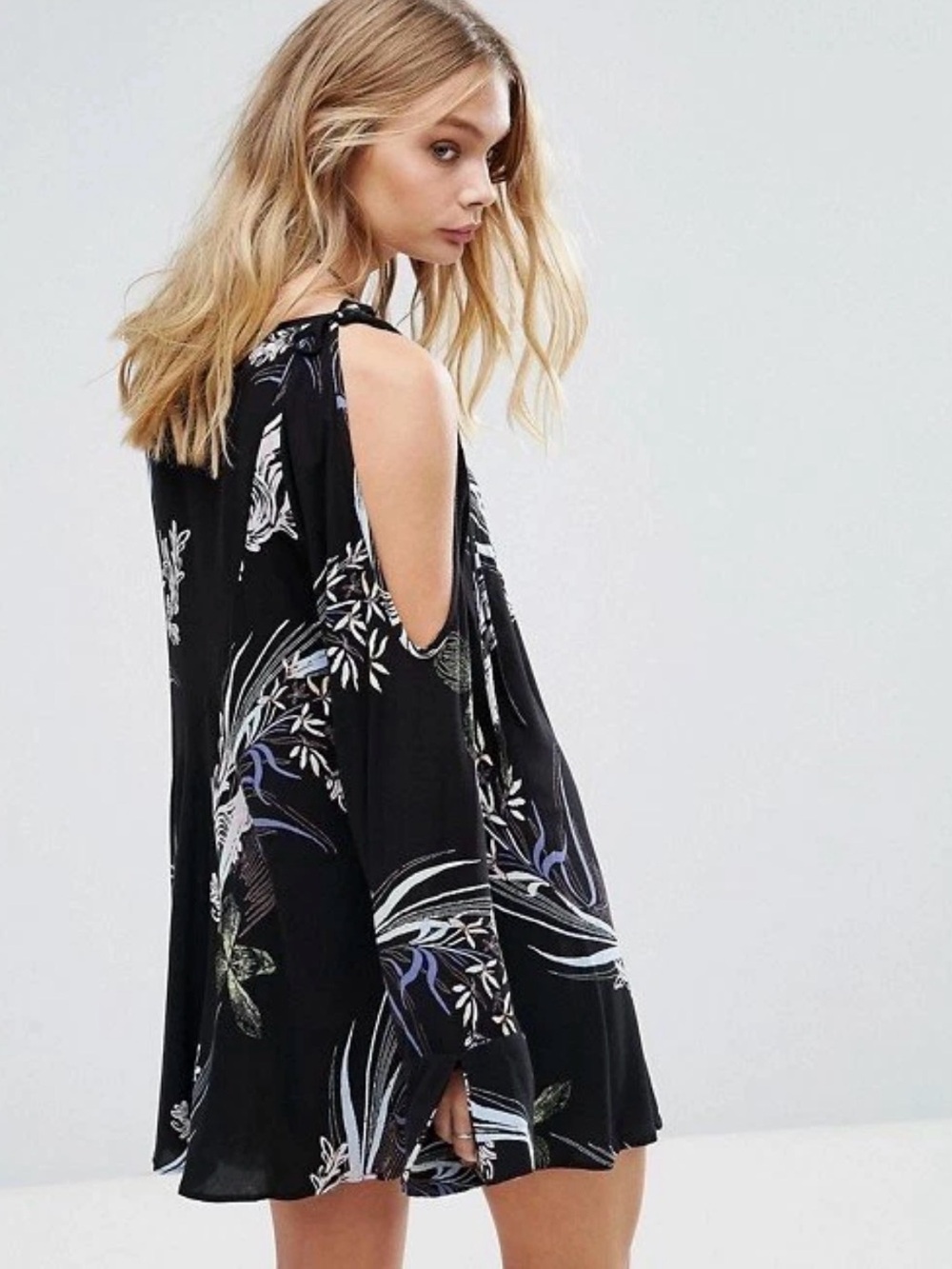 Free People Clear Skies Cold-Shoulder Black Floral Swing Dress/Tunic - Picture 2 of 8